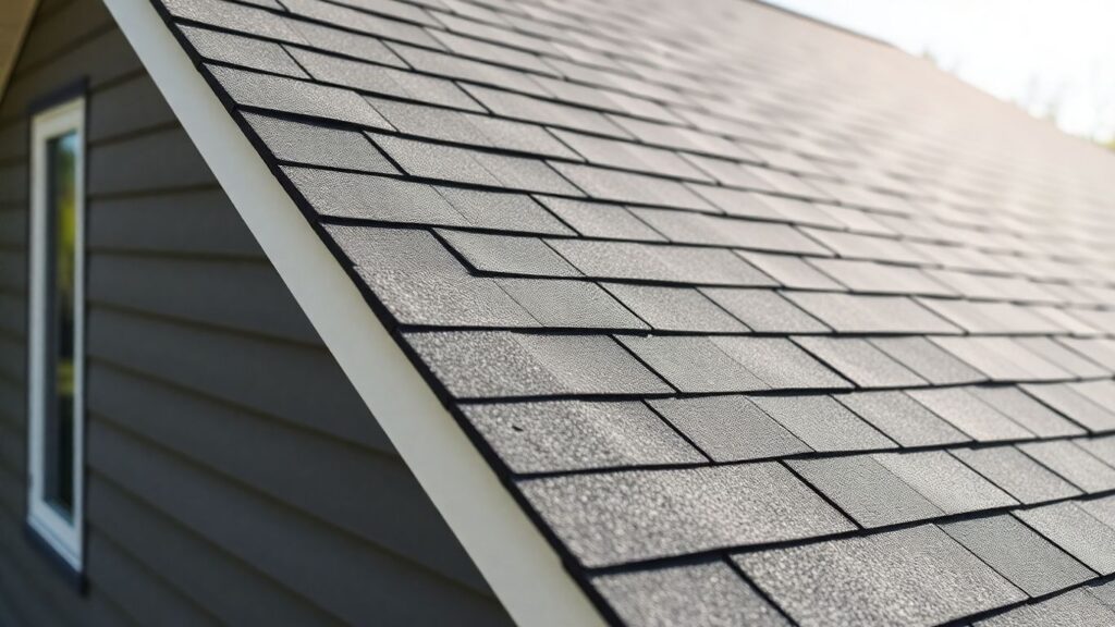 Close-up of a dark gray asphalt shingle ridge roof.