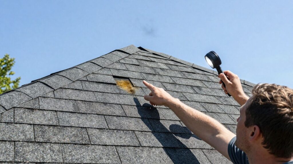 Homeowner inspecting roof for water damage signs.