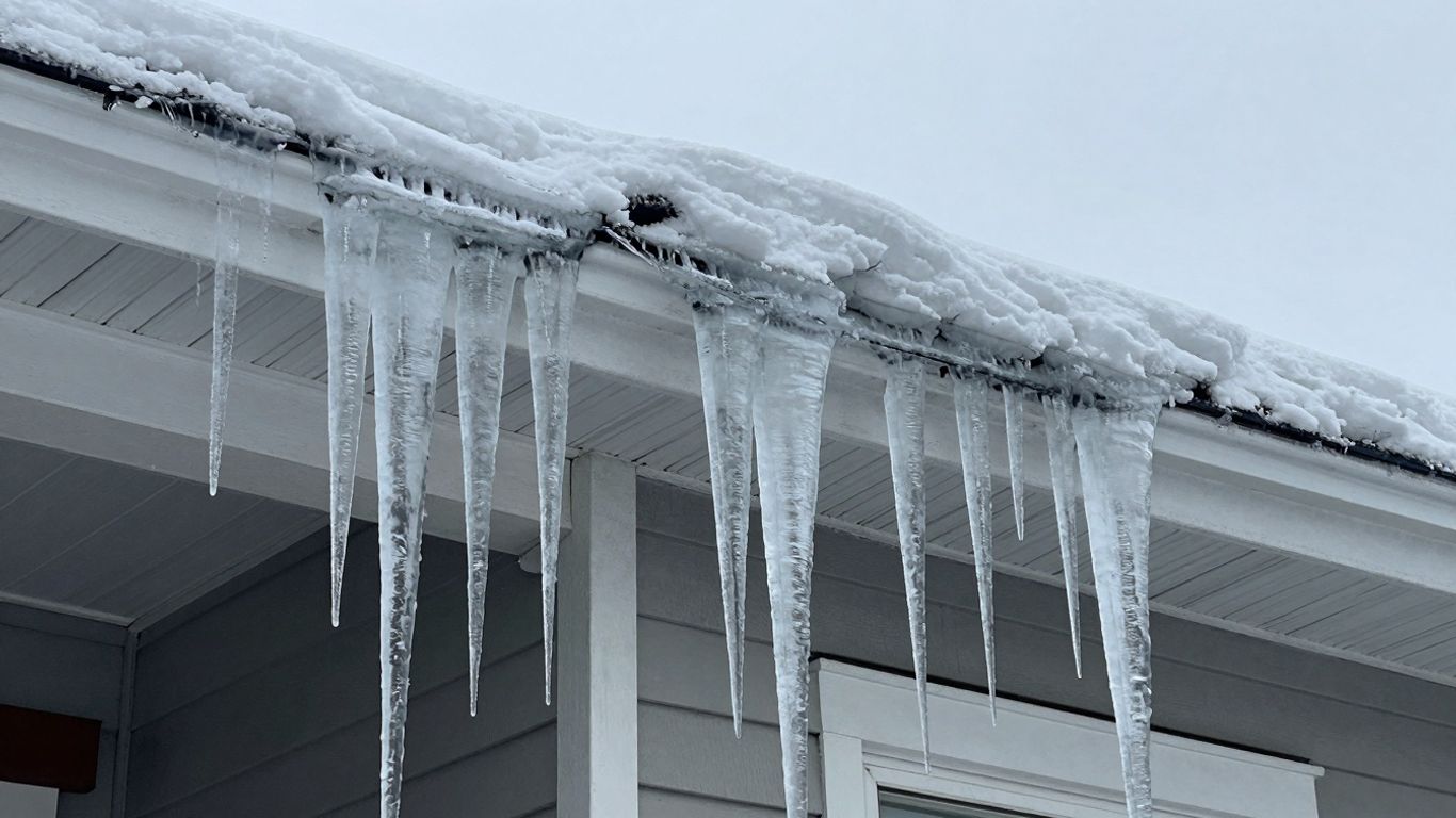 Thick ice dams and icicles on a snowy Ottawa roof. Thick ice dams and icicles on a snowy Ottawa roof.