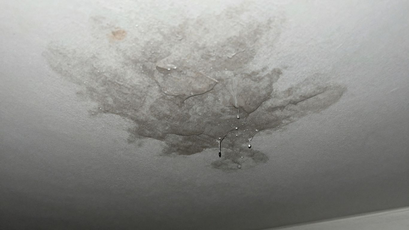 Water stain on ceiling with dripping water.