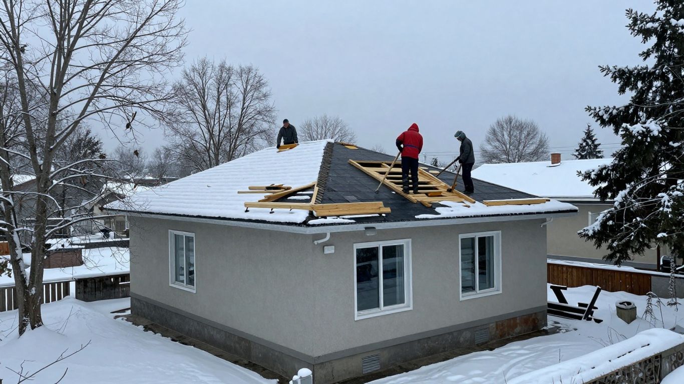 Flat roof replacement in winter conditions. Flat roof replacement