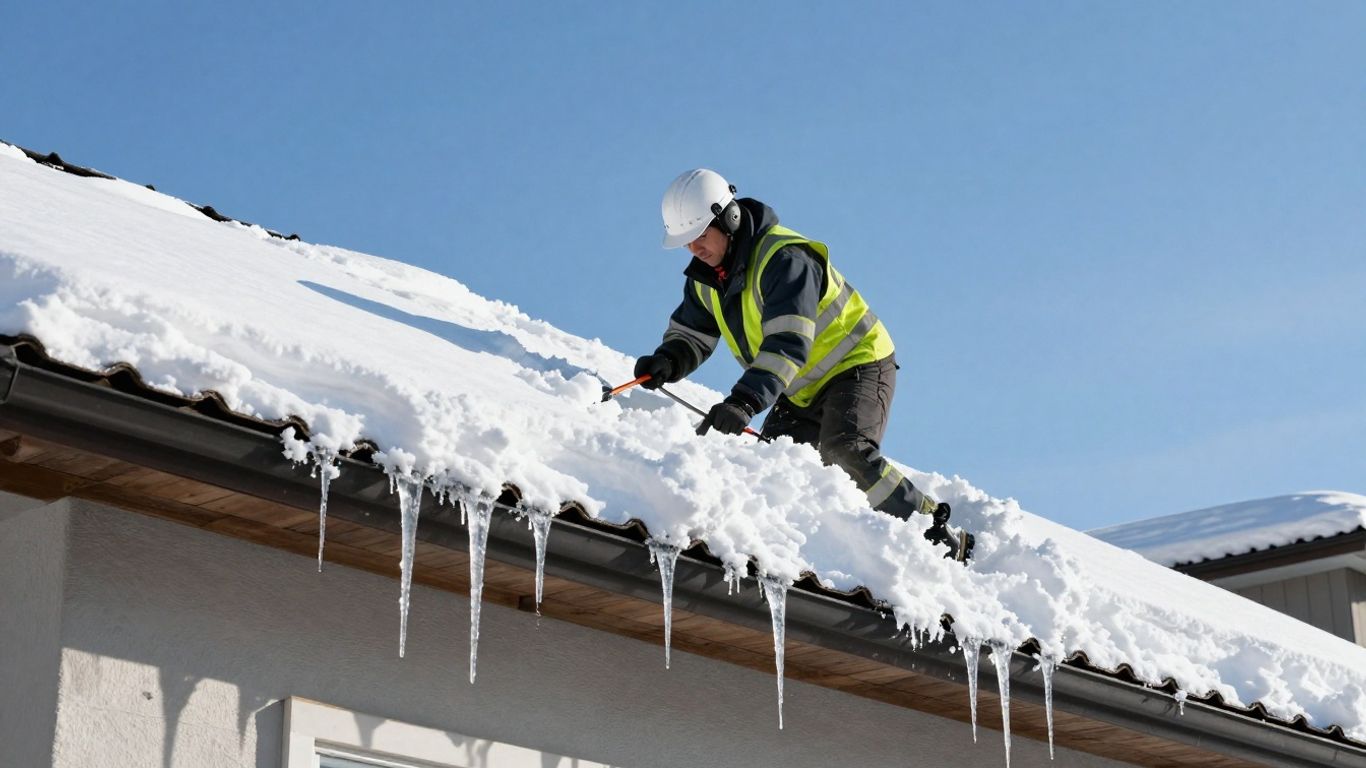 Professional removing snow from a house roof.